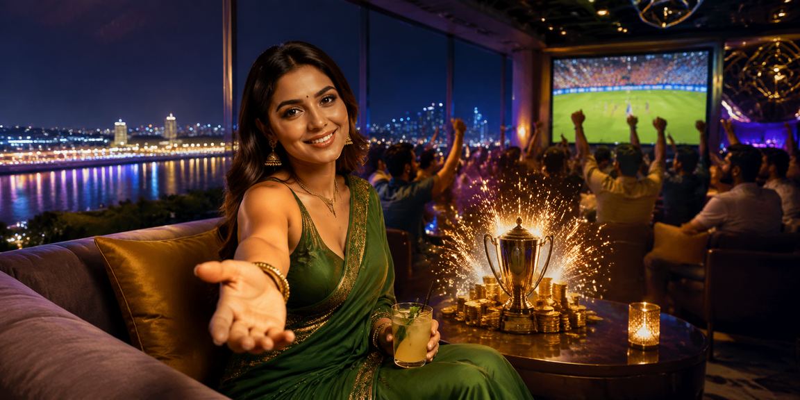 Evening view of Ahmedabad riverfront with cricket fans using mobile betting